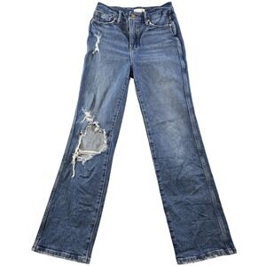 Good American Jeans Womens 0 Blue Straight High Rise Distressed 28 Inseam Denim